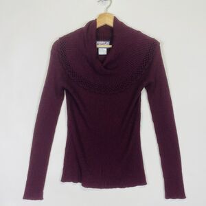 April Cornell Trading Burgundy Wine Ribbed Lace Cowl Neck Sweater Womens Medium